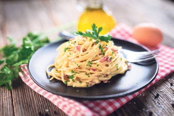 stockphotospaghettiallacarbonarapastawithpancettaeggparmesancheeseandcreamsauce1857385849.jpg