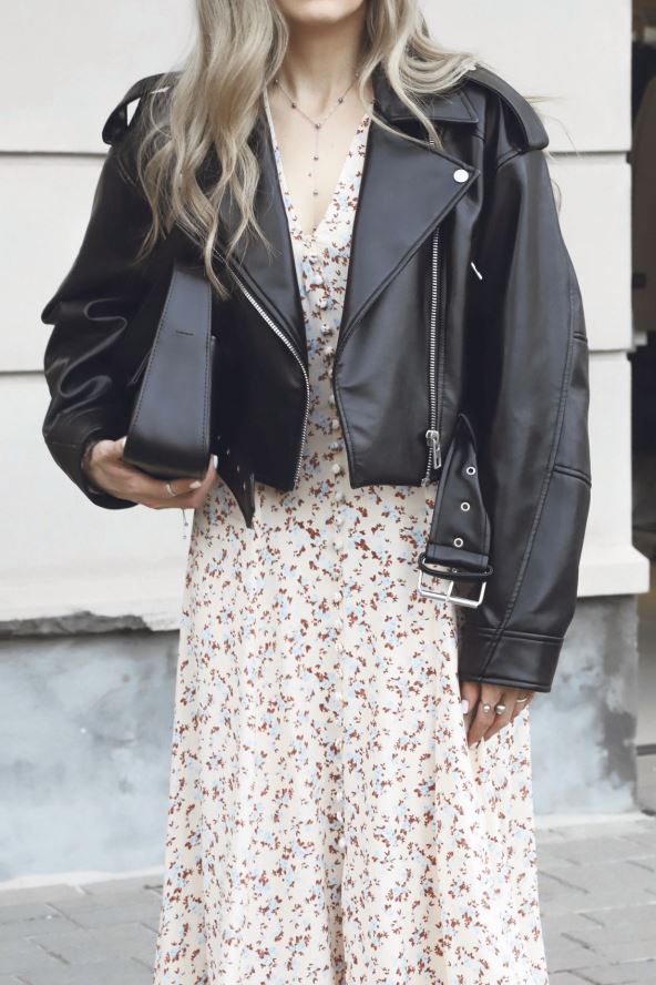 KOZNA JAKNA  stock-photo-portrait-of-beautiful-blonde-girl-dressed-in-floral-print-midi-dress-black-leather-jacket-beret-2461208477.jpg